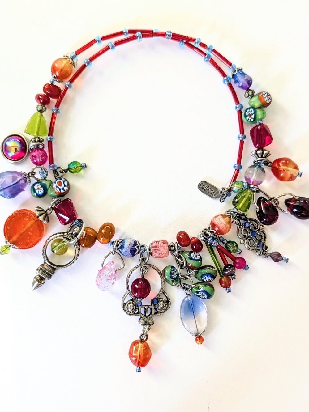 Vintage Treska Vibrant Art Glass Bead Multicolor Wire Wrap Choker Necklace 15”